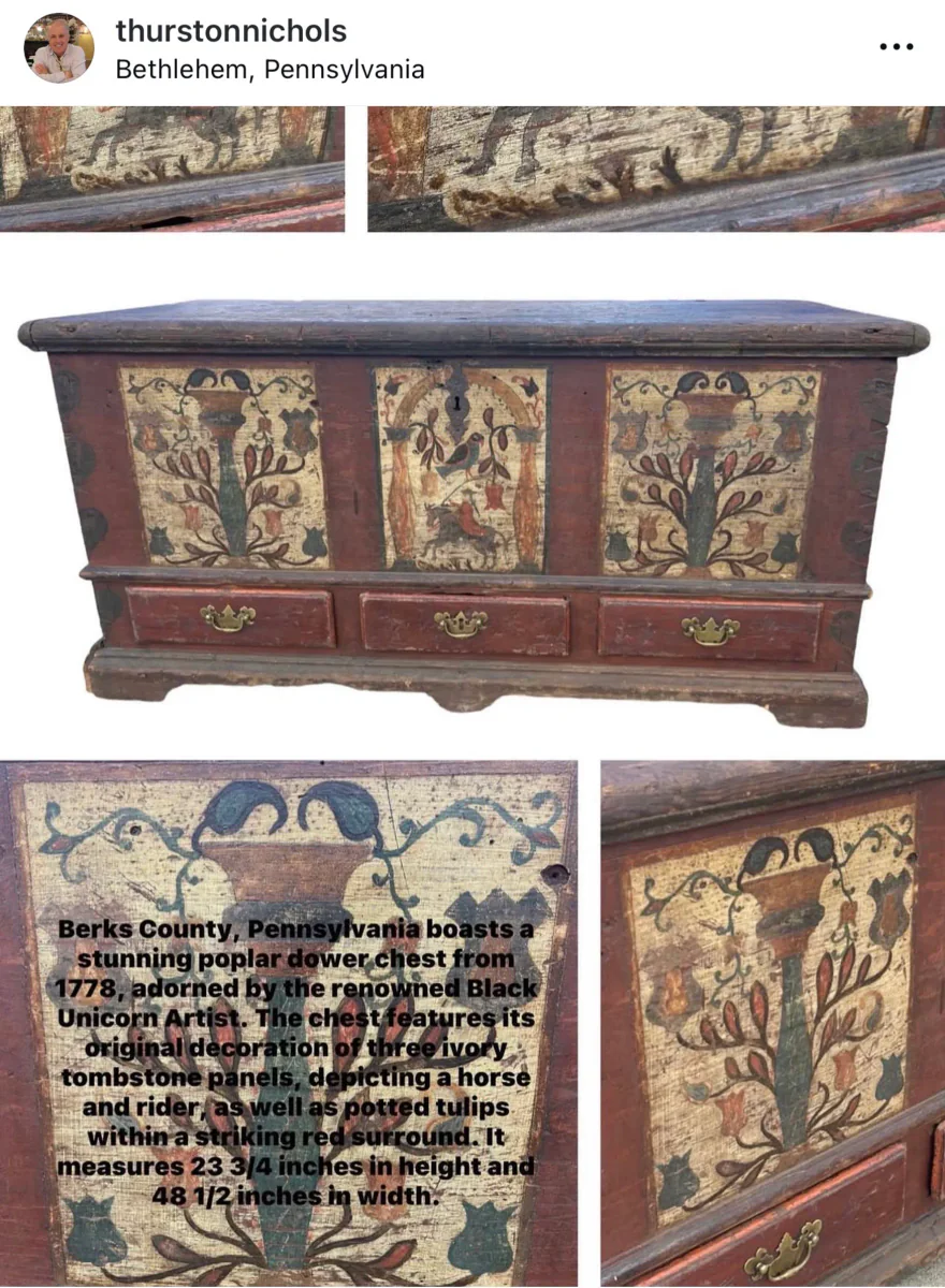 1778 Berks County Pennsylvania German painted chest with Black Unicorn decoration, tulips, birds, and a horse-and-rider panel