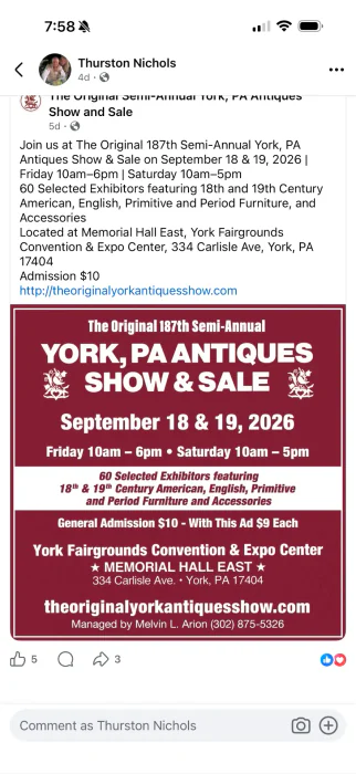 Announcement for The Original 187th Semi-Annual York, PA Antiques Show & Sale on September 18 and 19, 2026
